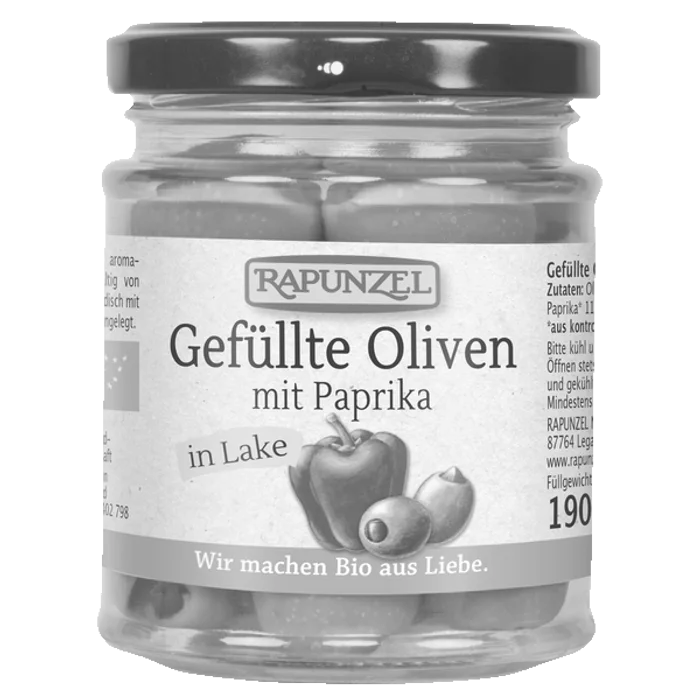 Rapunzel Zelené olivy plněné paprikou 190g Bio